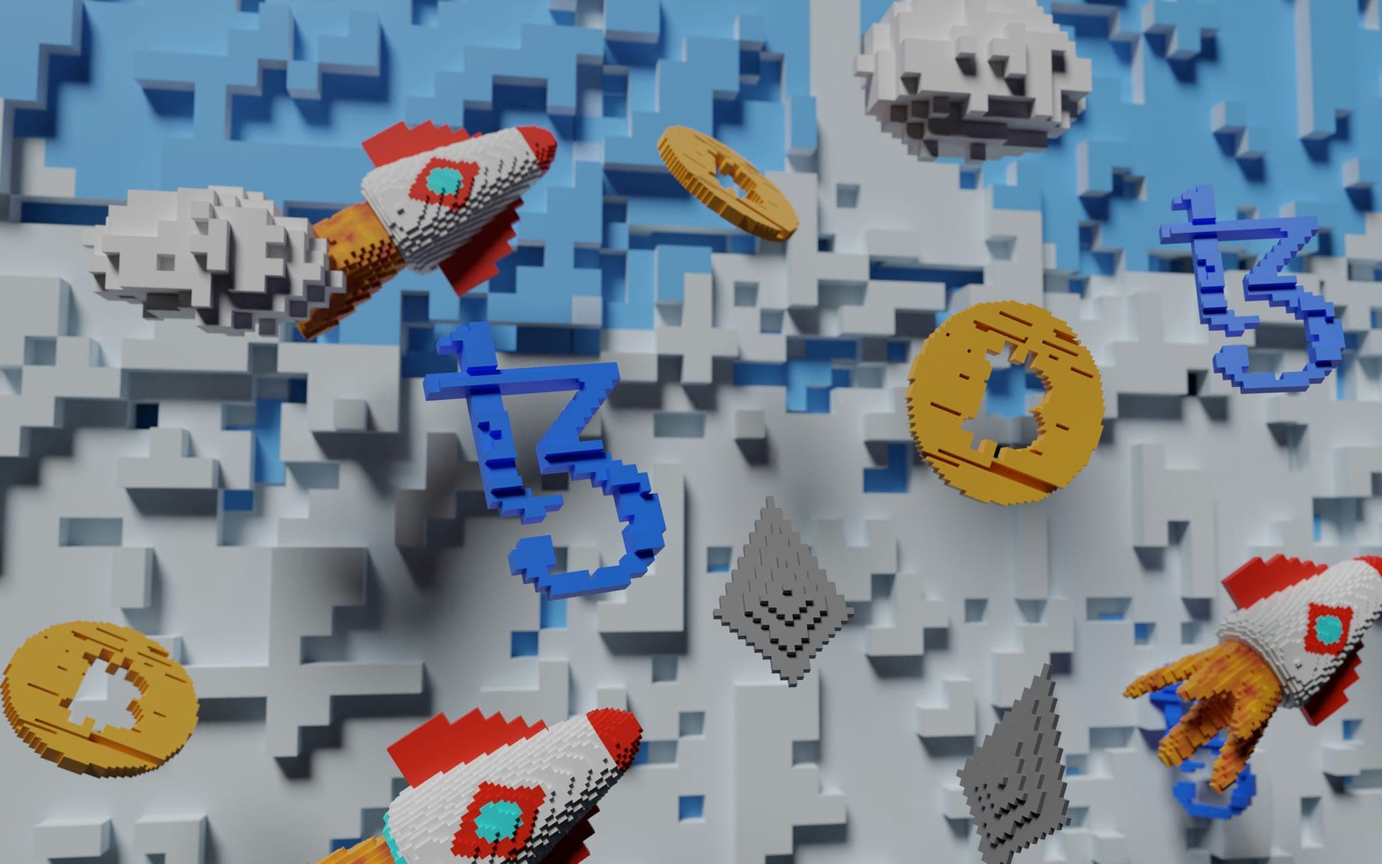 A rendered landscape of blocks and cryptocurrency tokens